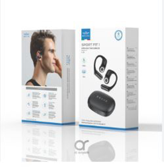 Image sur Écouteurs intra-auriculaires sans fil Brave Sport Fit 1 E-30 à oreille ouverte - 24 h d'autonomie, Bluetooth 5.4, double haut-parleur dynamique, technologie de conduction aérienne, commandes tactiles intelligentes - Noir